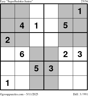 The grouppuzzles.com Easy SuperSudoku-Junior puzzle for Sunday May 11, 2025
