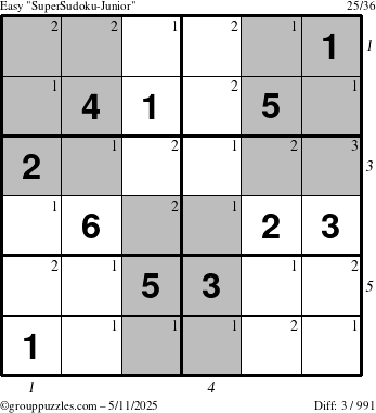 The grouppuzzles.com Easy SuperSudoku-Junior puzzle for Sunday May 11, 2025 with all 3 steps marked