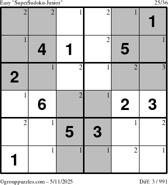 The grouppuzzles.com Easy SuperSudoku-Junior puzzle for Sunday May 11, 2025 with the first 3 steps marked