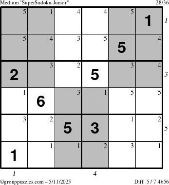 The grouppuzzles.com Medium SuperSudoku-Junior puzzle for Sunday May 11, 2025 with all 5 steps marked