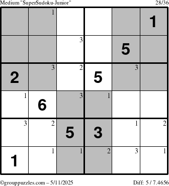 The grouppuzzles.com Medium SuperSudoku-Junior puzzle for Sunday May 11, 2025 with the first 3 steps marked