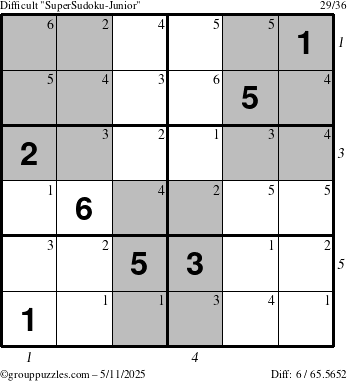 The grouppuzzles.com Difficult SuperSudoku-Junior puzzle for Sunday May 11, 2025 with all 6 steps marked