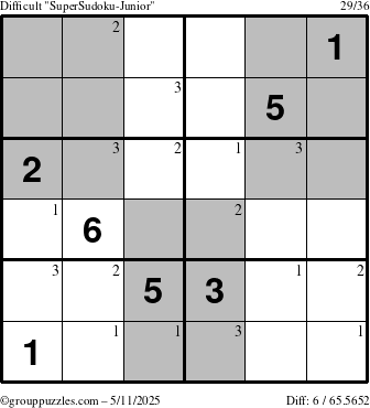 The grouppuzzles.com Difficult SuperSudoku-Junior puzzle for Sunday May 11, 2025 with the first 3 steps marked