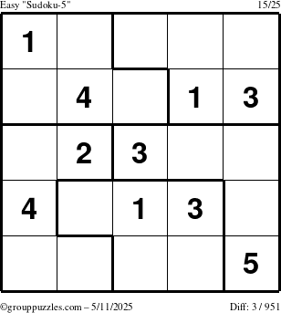 The grouppuzzles.com Easy Sudoku-5 puzzle for Sunday May 11, 2025