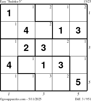 The grouppuzzles.com Easy Sudoku-5 puzzle for Sunday May 11, 2025 with all 3 steps marked