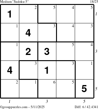 The grouppuzzles.com Medium Sudoku-5 puzzle for Sunday May 11, 2025 with all 6 steps marked