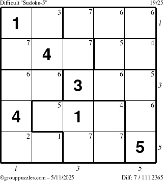 The grouppuzzles.com Difficult Sudoku-5 puzzle for Sunday May 11, 2025 with all 7 steps marked
