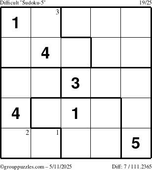 The grouppuzzles.com Difficult Sudoku-5 puzzle for Sunday May 11, 2025 with the first 3 steps marked