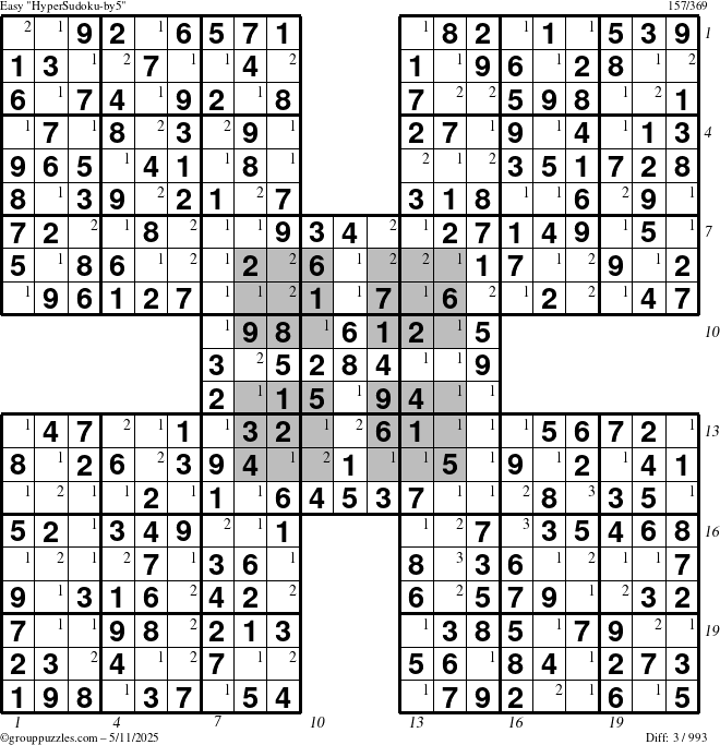 The grouppuzzles.com Easy HyperSudoku-by5 puzzle for Sunday May 11, 2025 with all 3 steps marked