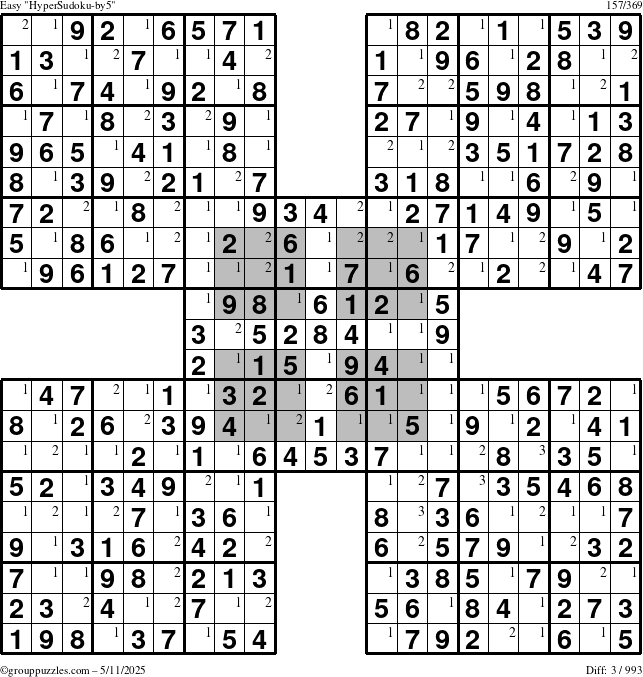 The grouppuzzles.com Easy HyperSudoku-by5 puzzle for Sunday May 11, 2025 with the first 3 steps marked
