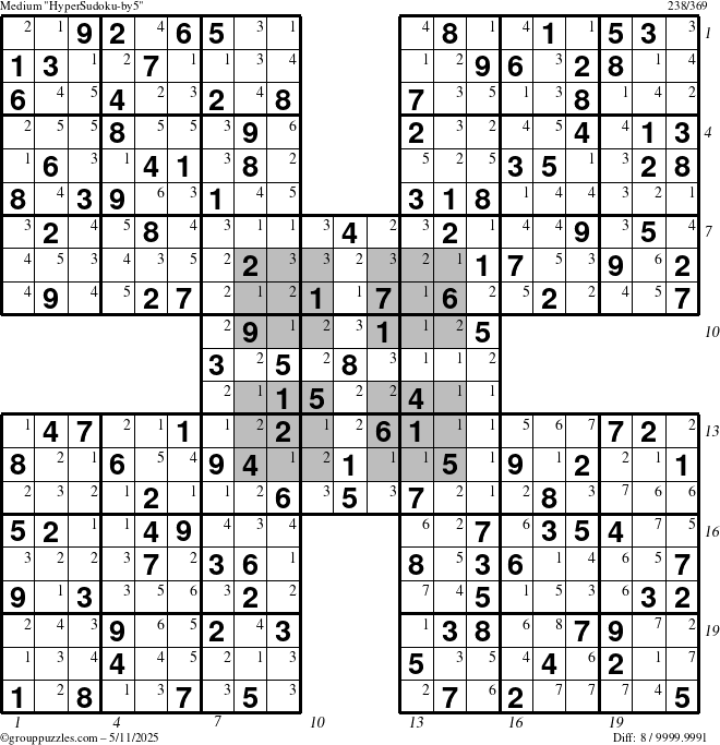 The grouppuzzles.com Medium HyperSudoku-by5 puzzle for Sunday May 11, 2025 with all 8 steps marked
