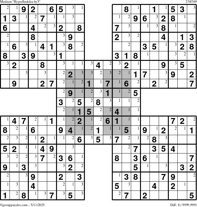 The grouppuzzles.com Medium HyperSudoku-by5 puzzle for Sunday May 11, 2025 with the first 3 steps marked
