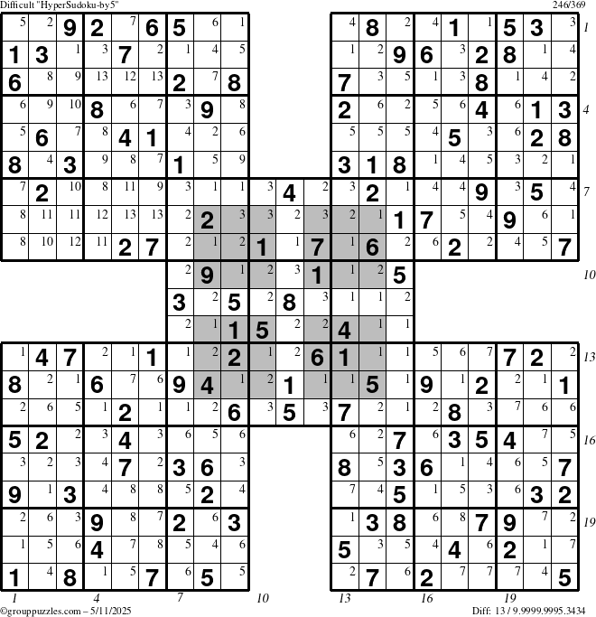 The grouppuzzles.com Difficult HyperSudoku-by5 puzzle for Sunday May 11, 2025 with all 13 steps marked
