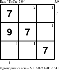 The grouppuzzles.com Easy TicTac-789 puzzle for Sunday May 11, 2025 with all 2 steps marked