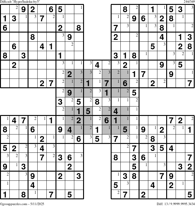 The grouppuzzles.com Difficult HyperSudoku-by5 puzzle for Sunday May 11, 2025 with the first 3 steps marked