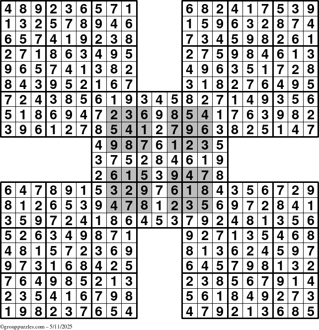 The grouppuzzles.com Answer grid for the HyperSudoku-by5 puzzle for Sunday May 11, 2025