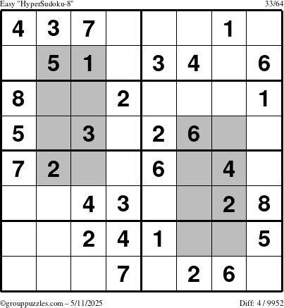 The grouppuzzles.com Easy HyperSudoku-8 puzzle for Sunday May 11, 2025