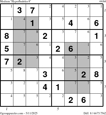 The grouppuzzles.com Medium HyperSudoku-8 puzzle for Sunday May 11, 2025 with all 8 steps marked