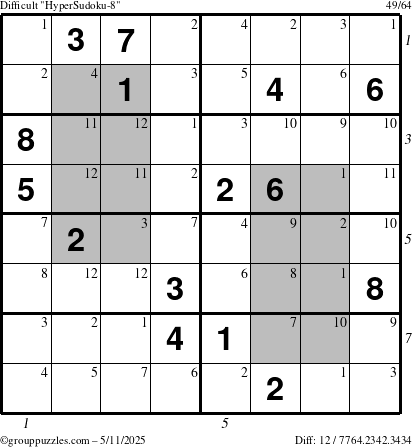 The grouppuzzles.com Difficult HyperSudoku-8 puzzle for Sunday May 11, 2025 with all 12 steps marked