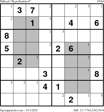 The grouppuzzles.com Difficult HyperSudoku-8 puzzle for Sunday May 11, 2025 with the first 3 steps marked
