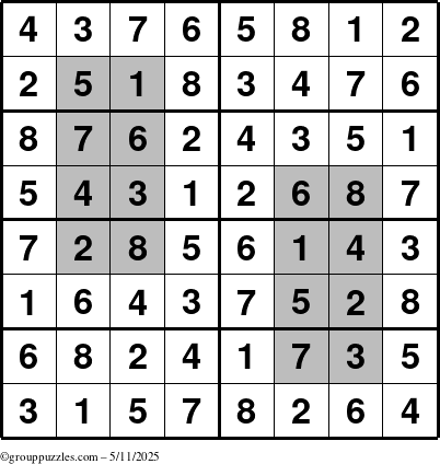 The grouppuzzles.com Answer grid for the HyperSudoku-8 puzzle for Sunday May 11, 2025