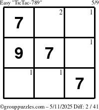 The grouppuzzles.com Easy TicTac-789 puzzle for Sunday May 11, 2025 with the first 2 steps marked