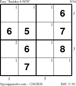 The grouppuzzles.com Easy Sudoku-4-5678 puzzle for Friday December 6, 2024 with all 2 steps marked