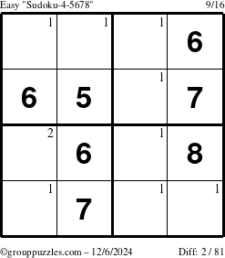 The grouppuzzles.com Easy Sudoku-4-5678 puzzle for Friday December 6, 2024 with the first 2 steps marked