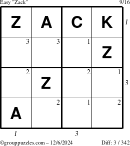 The grouppuzzles.com Easy Zack puzzle for Friday December 6, 2024 with all 3 steps marked