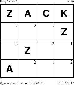 The grouppuzzles.com Easy Zack puzzle for Friday December 6, 2024 with the first 3 steps marked