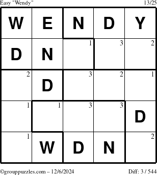 The grouppuzzles.com Easy Wendy puzzle for Friday December 6, 2024 with the first 3 steps marked