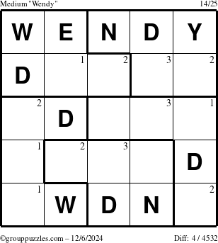 The grouppuzzles.com Medium Wendy puzzle for Friday December 6, 2024 with the first 3 steps marked