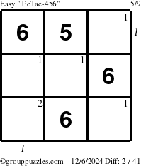 The grouppuzzles.com Easy TicTac-456 puzzle for Friday December 6, 2024, suitable for printing, with all 2 steps marked