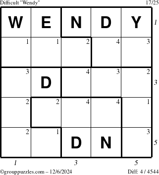 The grouppuzzles.com Difficult Wendy puzzle for Friday December 6, 2024 with all 4 steps marked