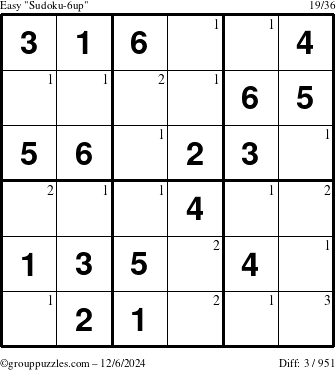 The grouppuzzles.com Easy Sudoku-6up puzzle for Friday December 6, 2024 with the first 3 steps marked