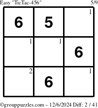 The grouppuzzles.com Easy TicTac-456 puzzle for Friday December 6, 2024 with the first 2 steps marked