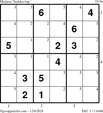 The grouppuzzles.com Medium Sudoku-6up puzzle for Friday December 6, 2024, suitable for printing, with all 5 steps marked