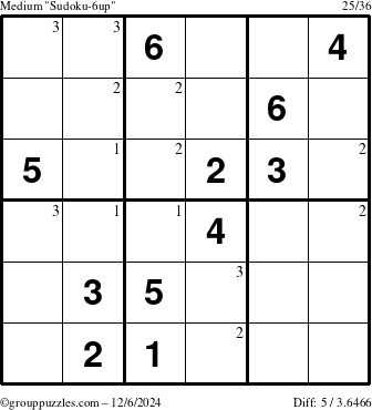 The grouppuzzles.com Medium Sudoku-6up puzzle for Friday December 6, 2024 with the first 3 steps marked