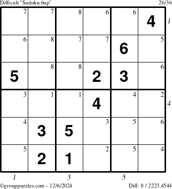 The grouppuzzles.com Difficult Sudoku-6up puzzle for Friday December 6, 2024 with all 8 steps marked