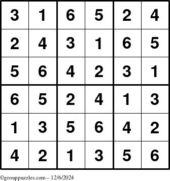 The grouppuzzles.com Answer grid for the Sudoku-6up puzzle for Friday December 6, 2024