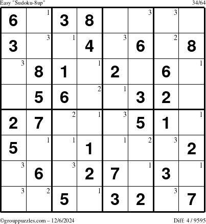 The grouppuzzles.com Easy Sudoku-8up puzzle for Friday December 6, 2024 with the first 3 steps marked