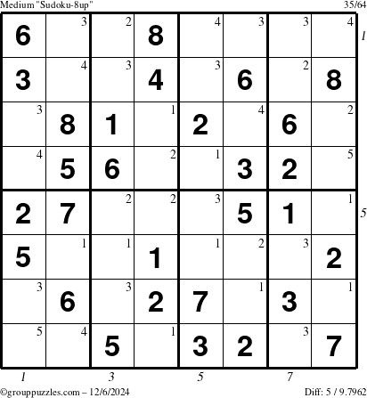 The grouppuzzles.com Medium Sudoku-8up puzzle for Friday December 6, 2024, suitable for printing, with all 5 steps marked