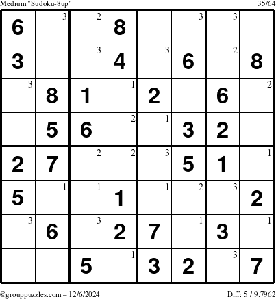 The grouppuzzles.com Medium Sudoku-8up puzzle for Friday December 6, 2024 with the first 3 steps marked