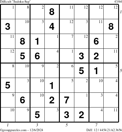 The grouppuzzles.com Difficult Sudoku-8up puzzle for Friday December 6, 2024 with all 12 steps marked