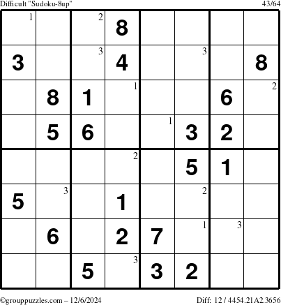 The grouppuzzles.com Difficult Sudoku-8up puzzle for Friday December 6, 2024 with the first 3 steps marked