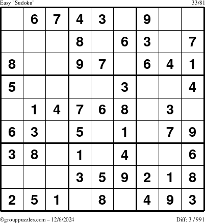 The grouppuzzles.com Easy Sudoku puzzle for Friday December 6, 2024