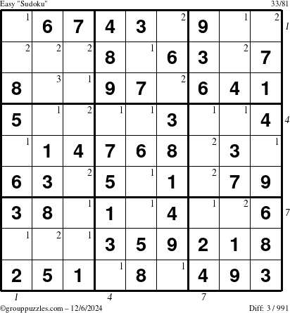 The grouppuzzles.com Easy Sudoku puzzle for Friday December 6, 2024 with all 3 steps marked