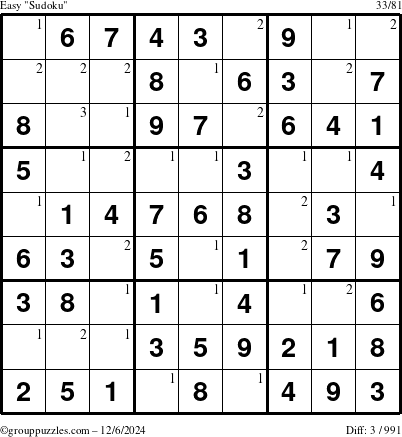 The grouppuzzles.com Easy Sudoku puzzle for Friday December 6, 2024 with the first 3 steps marked