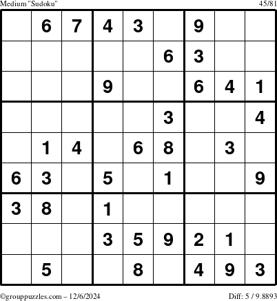 The grouppuzzles.com Medium Sudoku puzzle for Friday December 6, 2024