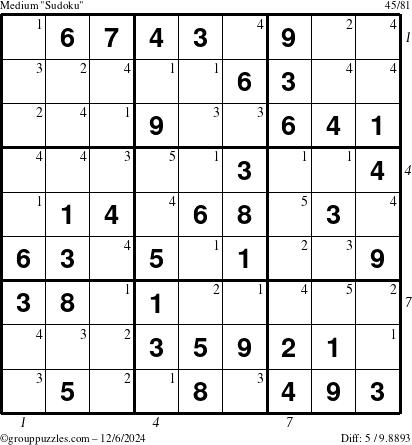 The grouppuzzles.com Medium Sudoku puzzle for Friday December 6, 2024, suitable for printing, with all 5 steps marked